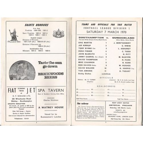 1969-70 SOUTHAMPTON v SUNDERLAND (VG Condition - No Writing) - With FLR