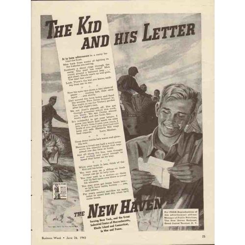 NEW HAVEN RAILROAD 1943 kid and his letter mid-afternoon RR vintage ad