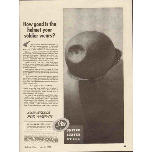 UNITED STATES STEEL 1943 good helmet your soldier wears WW2 vintage ad