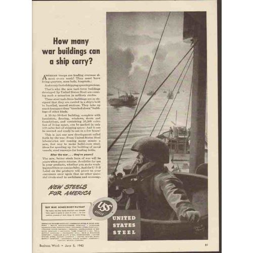 UNITED STATES STEEL 1943 many war buildings ship carry WW2 vintage ad