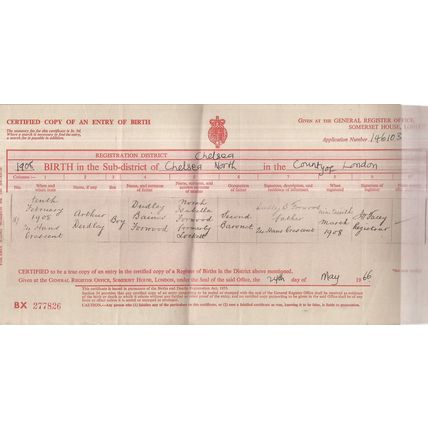 1966 copy of BIRTH CERTIFICATE for Arthur Dudley Forwood born 1908,Chelsea.
