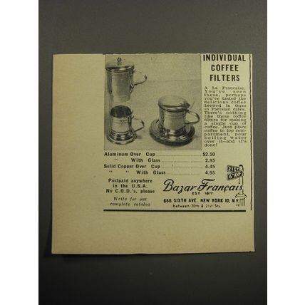 1957 Bazar Francais Individual Coffee Filters Advertisement