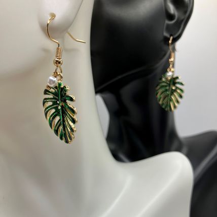 Earrings Green Coconut Leaf Earrings with Pearl Drops #690