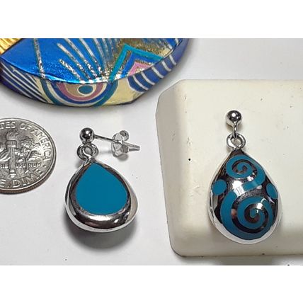 Estate 2 Sided Teardrop Blue Enamel Swirl Sterling Silver Dangle Earrings #19309