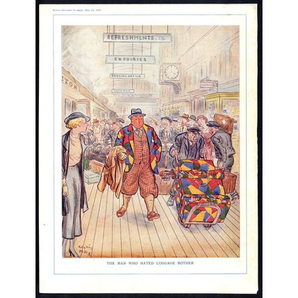 MAN WHO HATED LUGGAGE BOTHER 1934 Arthur Wallis Mills PUNCH CARTOON PAGE