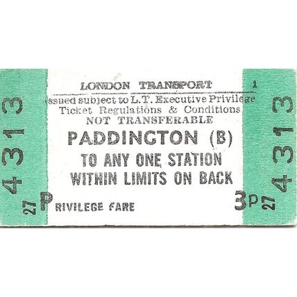 London Transport Edmondson Privilege Ticket - Paddington (B) - 3p.