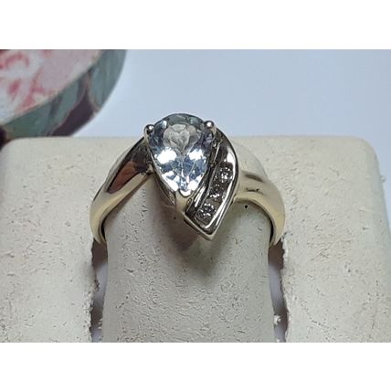 Estate 1.16ctw Natural Pear cut Aquamarine & Diamond Swirl 10Kt Y/Gold Ring20458