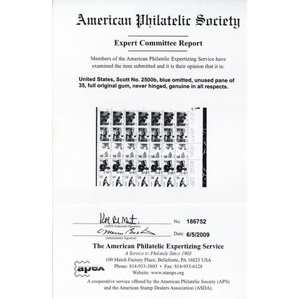 2500b, Mint NH Blue Color Omitted MAJOR ERROR With APS Certificate - Stuart Katz