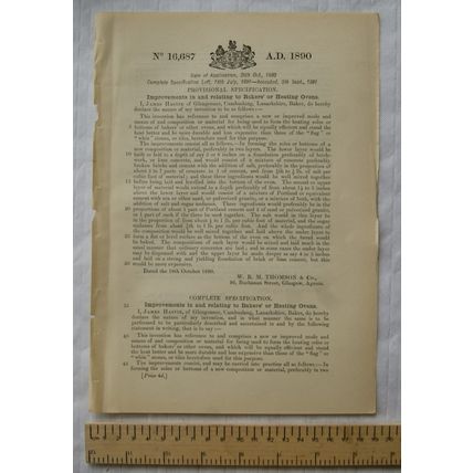 1890 Patent No. 16,687 bakers or heating ovens, James Hastie, Glengonner
