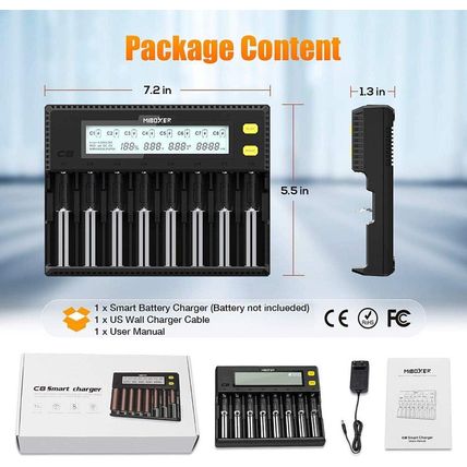 Miboxer 18650 Battery Charger, 8-Bay Smart Charger with Automatic LCD Display, F