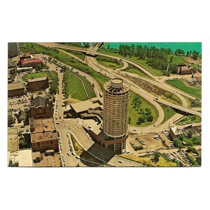 Postcard Canada Edmonton aerial view of Chateau Lacombe Hotel highways unposted