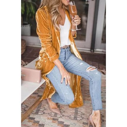 Yellow Velvet Open Front Pocketed Long Duster