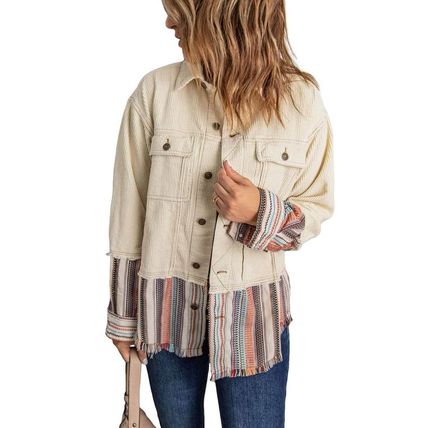 Button Up Pockets Striped Color Block Corduroy Jacket