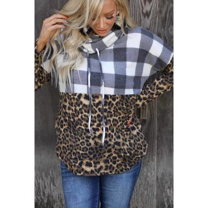 Leopard Leopard Plaid Patchwork Cowl Neck Sweatshirt