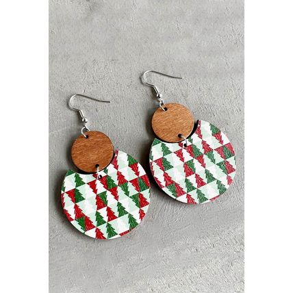 Dark Green Christmas Checker Graphic Wooden Earrings