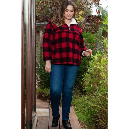 Fiery Red Plus Size Buffalo Plaid Sherpa Henley Sweatshirt