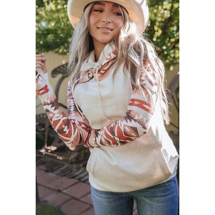 Western Aztec Print Patchwork Double Hood Hoodie