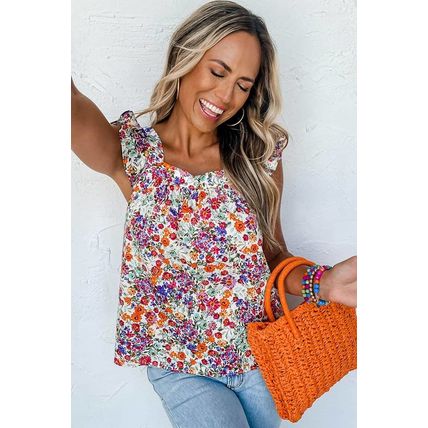 Rose Red Floral Square Neck Flutter Tank Top