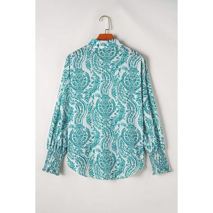 Green Paisley Print Smocked Cuff Buttoned Loose Shirt