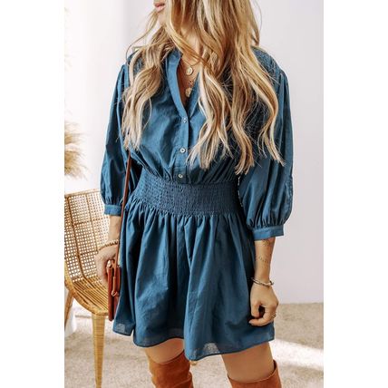 Prussian Blue 3/4 Sleeve Shirred High Waist Buttoned Mini Dress