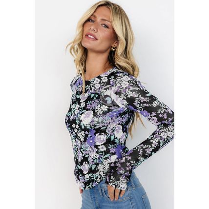 Black Floral Print Mesh Fitted Long Sleeve Top