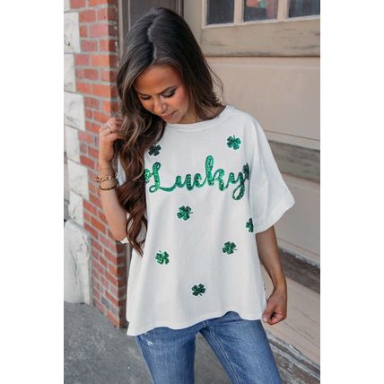White St Patrick Lucky Clover Sequin Graphic T Shirt