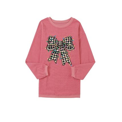 Strawberry Pink Checkered Bow Print Ribbed Crew Neck Pullover Sweatshirt