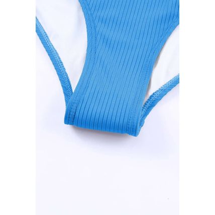 Sky Blue Adjustable Straps Ribbed Knit One Piece Swimsuit
