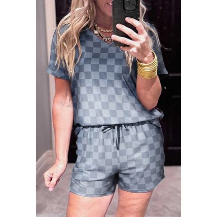 Gray Checkered V Neck Tee Drawstring Shorts Lounge Set