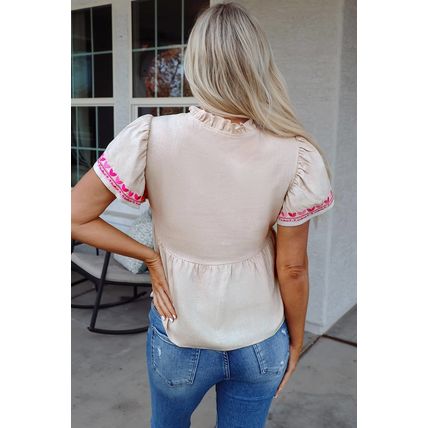 Beige Floral Embroidered Short Sleeve Notched V Neck Blouse