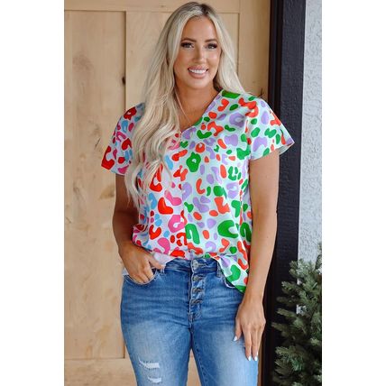 Green Contrast Leopard Print V Neck Short Sleeve Blouse