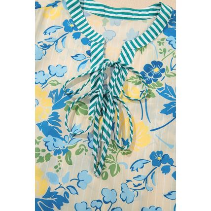Blue Floral Striped Trim Puff Short Sleeve Dress