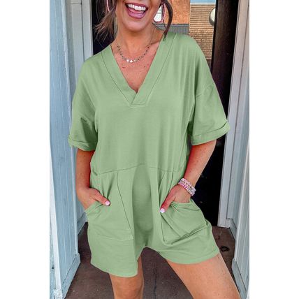 Grass Green Loose Half Sleeve V Neck Knit Romper