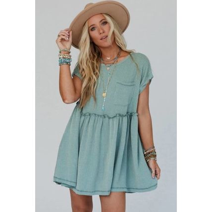 Canton Corded Knit Textured Patched Pocket Frilled Swing Mini Dress with Pockets