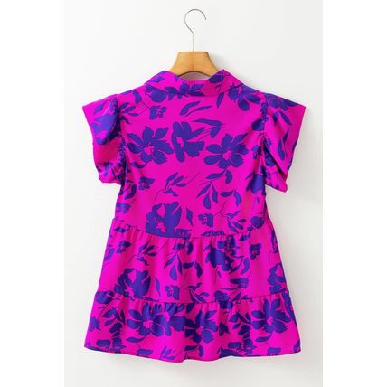 Rose Floral Print Collared Button Neckline Flutter Sleeve Blouse