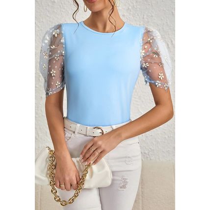 Beau Blue Floral Mesh Puff Sleeve Crew Neck Top