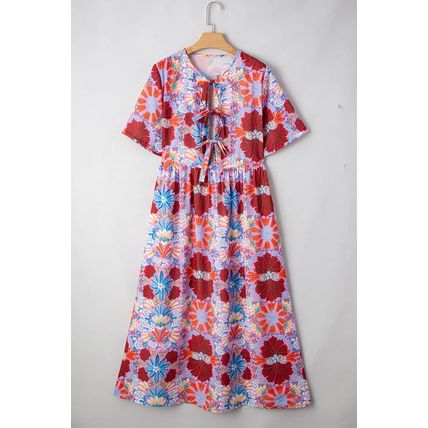 Rose Floral Tied Front High Waist Short Sleeve Loose Long Dress