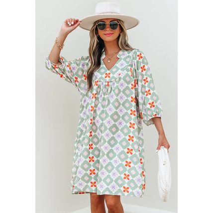 Green Geometric Floral Print 3/4 Sleeve Notched Neck Mini Dress