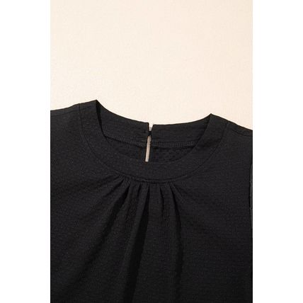 Black Feather Bubble Sleeve Patchwork Textured Blouse