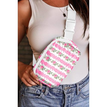 White Flower Print Buckle Wide Strap Sling Bag