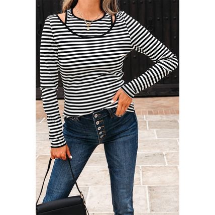 Black Stripe Double-layer Cold Shoulder Long Sleeve Top