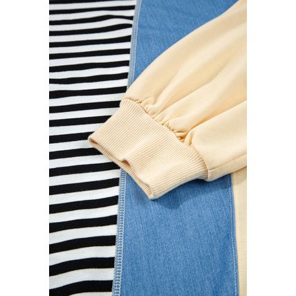 Black Stripe Denim Color Block Quarter Zip Baggy Drawstring Hoodie