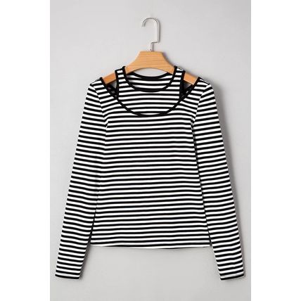 Black Stripe Double-layer Cold Shoulder Long Sleeve Top