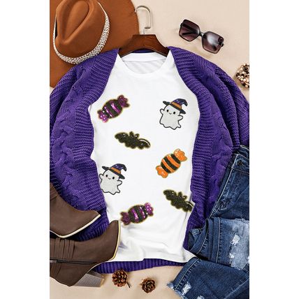 White Sequined Halloween Spirit Pattern Patched Custom Casual Tee