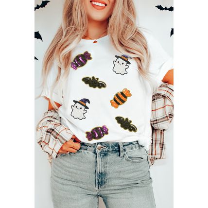 White Sequined Halloween Spirit Pattern Patched Custom Casual Tee
