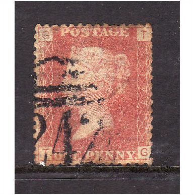 GREAT BRITAIN 1858-79 QV SG44 1d RED BROWN PLATE 177 LETTERED TG USED