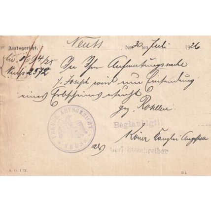 Germany 1926 Neuss Preuss Amtsgericht to Godesberg Postcard Neuss cancel creased