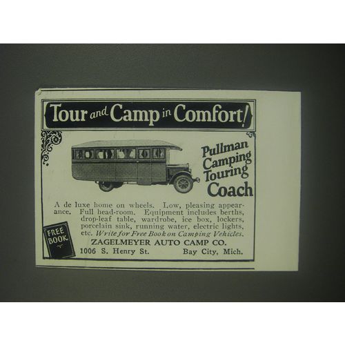 1928 Zagelmeyer Auto Camp Ad - Tour and Camp in Comfort! Pullman camping