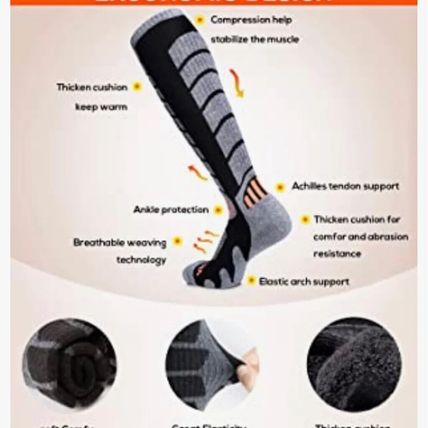 WEIERYA Ski Socks 2 Pairs Black/Gray Large for Skiing, Snowboarding, Outdoor