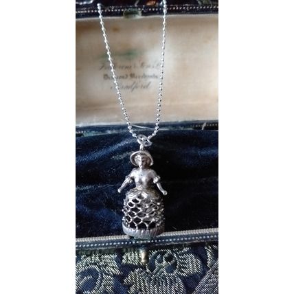 Antique Vintage Victorian 1890-s Solid Silver Lady Doll Pendant on Modern Chain.
